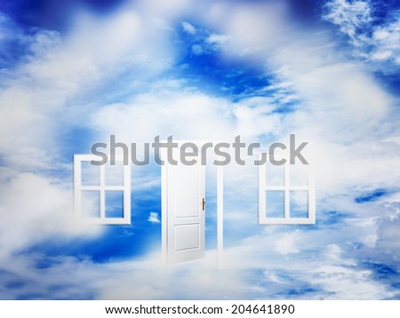 Open door and windows on fluffy clouds, blue sky. Concepts like new home, dream, hope, real estate.