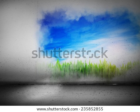Vibrant landscape painting on a grey concrete wall. Concepts of positive change, hope, future, art etc.