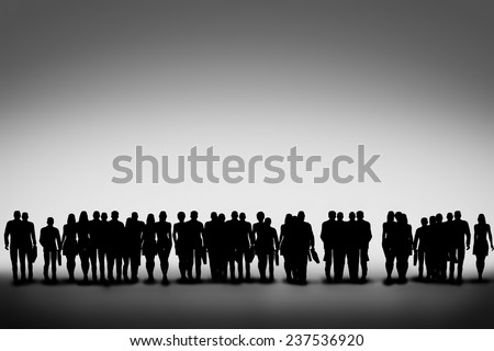 Group of business people silhouettes standing and looking ahead. Concept of community, urban life, teamwork, corporation