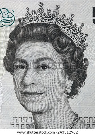 Queen Elizabeth II portrait on 5 pound sterling banknote. British currency