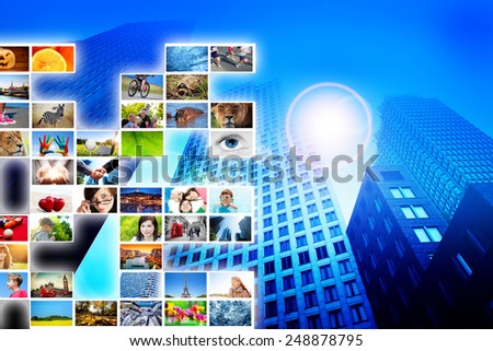 Pictures, photos display on modern skyscraper background. Media, technology conceptual.