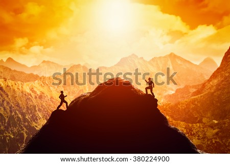Two men running race to the top of the mountain. Competition, rivals, challenge in life concepts