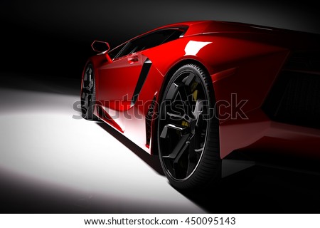 Red fast sports car in spotlight, black background. Shiny, new, luxurious. 3D rendering