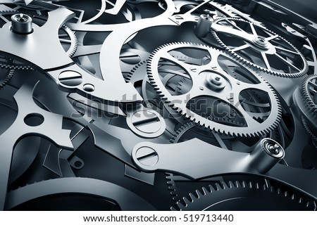 Inside mechanism, clockwork with working gears. Close-up, detailed. 3D rendering