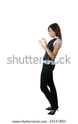 Businesswoman standing surprised on white background. Free space for your object or text
