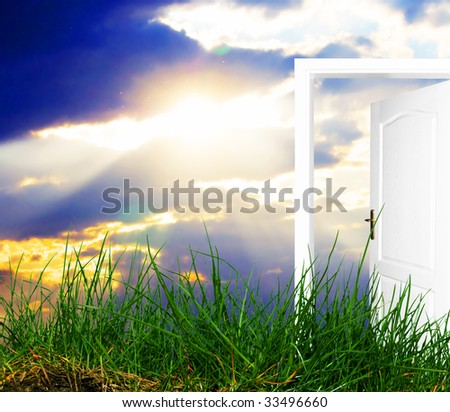 Door open to new world. Grass and blue sky
