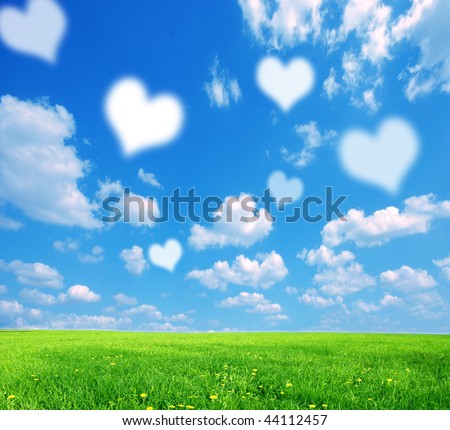 Love nature background, with white symbolic hearts on sky