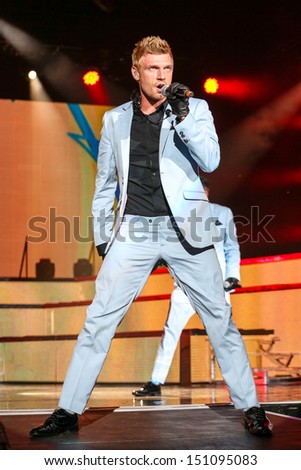 Raleigh, NC - August 20:  Nick Carter of The Backstreet Boys live in concert on their 20th anniversary and In A World Like This Tour on August 20, 2013 in Raleigh, NC.