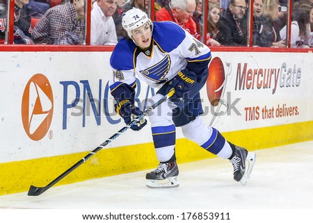 RALEIGH, NC - JAN 31, 2014:  St. Louis Blues right wing T.J. Oshie (74) during the NHL game