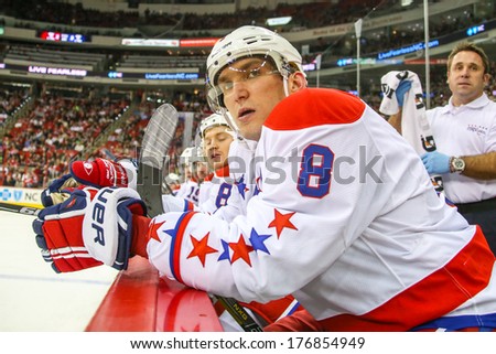 RALEIGH, NC - DEC 20, 2013: Washington Capitals right wing Alex Ovechkin (8) during the NHL game