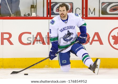 RALEIGH, NC - DEC 1, 2013: Vancouver Canucks right wing Zack Kassian (9) during the NHL game