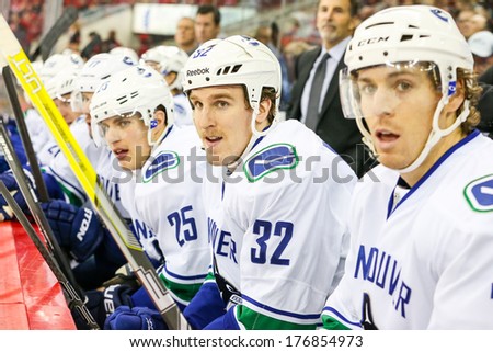 RALEIGH, NC - DEC 1, 2013: Vancouver Canucks right wing Dale Weise (32) during the NHL game