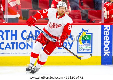 RALEIGH, NC â?? December 7, 2014: Detroit Red Wings left wing Johan Franzen (93) during the NHL game between the Detroit Red Wings and the Carolina Hurricanes at the PNC Arena.