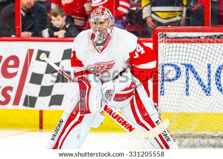 RALEIGH, NC â?? December 7, 2014: Detroit Red Wings goalie Petr Mrazek (34) during the NHL game between the Detroit Red Wings and the Carolina Hurricanes at the PNC Arena.