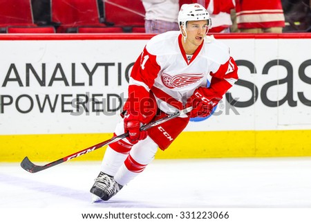 RALEIGH, NC â?? December 7, 2014: Detroit Red Wings right wing Luke Glendening (41) during the NHL game between the Detroit Red Wings and the Carolina Hurricanes at the PNC Arena.