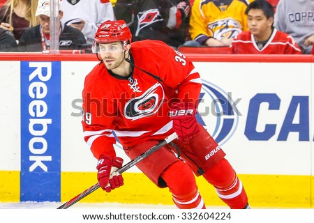 RALEIGH, NC - January 5, 2014: Carolina Hurricanes right wing Patrick Dwyer (39) during the NHL game between the Nashville Predators and the Carolina Hurricanes at the PNC Arena.