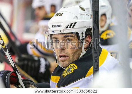 RALEIGH, NC- April 13, 2013: Boston Bruins right wing JAROMIR JAGR (68) during the NHL game between the Boston Bruins and the Carolina Hurricanes at the PNC Arena.