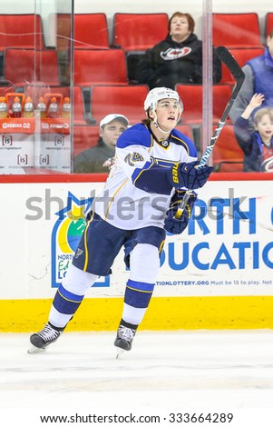 RALEIGH, NC- January 31, 2014: St. Louis Blues right wing T.J. Oshie (74) during the NHL game between the St Louis Blues and the Carolina Hurricanes at the PNC Arena.