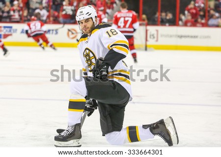 RALEIGH, NC- April 13, 2013: Boston Bruins right wing NATHAN HORTON (18) before the NHL game between the Boston Bruins and the Carolina Hurricanes at the PNC Arena.