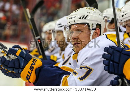 RALEIGH, NC   January 5, 2014: Nashville Predators right wing Patric Hornqvist (27) during the NHL game between the Nashville Predators and the Carolina Hurricanes at the PNC Arena.