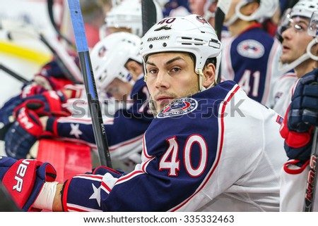 RALEIGH, NC â?? September 21, 2014: Columbus Blue Jackets right wing Jared Boll (40) during the NHL game between the Columbus Blue Jackets and the Carolina Hurricanes at the PNC Arena.