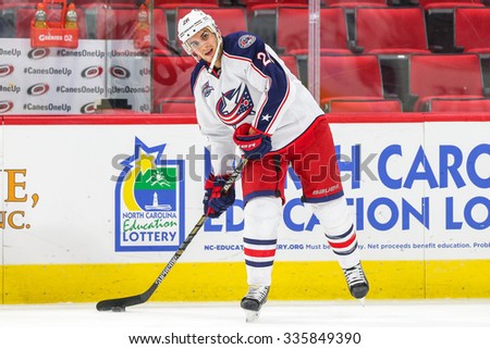 RALEIGH, NC - September 21, 2014: Columbus Blue Jackets right wing Corey Tropp (26) during the NHL game between the Columbus Blue Jackets and the Carolina Hurricanes at the PNC Arena.