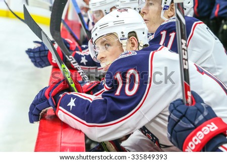 RALEIGH, NC - September 21, 2014: Columbus Blue Jackets right wing Jack Skille (10) during the NHL game between the Columbus Blue Jackets and the Carolina Hurricanes at the PNC Arena.