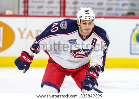 RALEIGH, NC - September 21, 2014: Columbus Blue Jackets right wing Jared Boll (40) during the NHL game between the Columbus Blue Jackets and the Carolina Hurricanes at the PNC Arena.