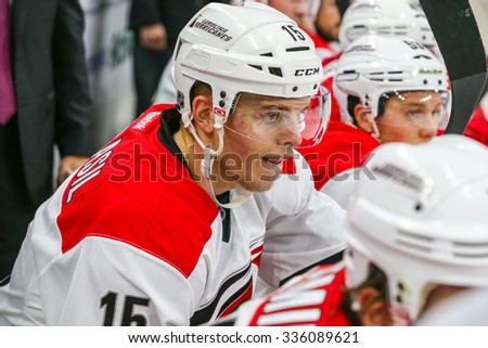 RALEIGH, NC - December 2, 2014: Carolina Hurricanes right wing Andrej Nestrasil (15) during the NHL game between the Nashville Predators and the Carolina Hurricanes at the PNC Arena.