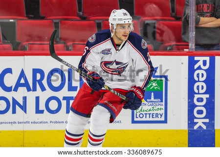 RALEIGH, NC - November 7, 2014: Columbus Blue Jackets right wing Corey Tropp (26) during the NHL game between the Columbus Blue Jackets and the Carolina Hurricanes at the PNC Arena.