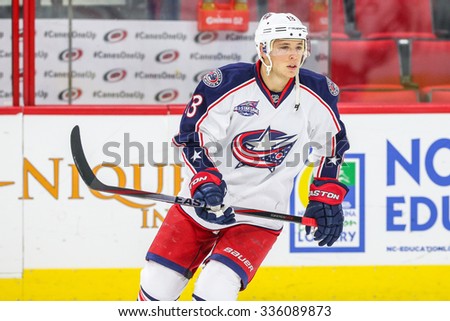 RALEIGH, NC - November 7, 2014: Columbus Blue Jackets right wing Cam Atkinson (13) during the NHL game between the Columbus Blue Jackets and the Carolina Hurricanes at the PNC Arena.