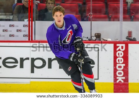 RALEIGH, NC - November 7, 2014: Carolina Hurricanes right wing Alexander Semin (28).  The Hurricanes wore purple jerseys during warm-ups to show their support for Hockey Fights Cancer Night.