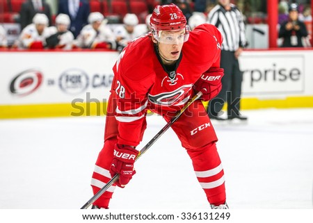 RALEIGH, NC - November 10, 2014: Carolina Hurricanes right wing Alexander Semin (28) during the NHL game between the Calgary Flames and the Carolina Hurricanes at the PNC Arena.
