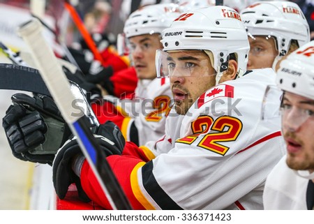 RALEIGH, NC - November 10, 2014: Calgary Flames right wing Devin Setoguchi (22) during the NHL game between the Calgary Flames and the Carolina Hurricanes at the PNC Arena.