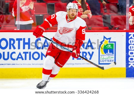 RALEIGH, NC - December 7, 2014: Detroit Red Wings left wing Johan Franzen (93) during the NHL game between the Detroit Red Wings and the Carolina Hurricanes at the PNC Arena.