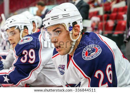 RALEIGH, NC - November 7, 2014: Columbus Blue Jackets right wing Corey Tropp (26) during the pre-season NHL game between the Columbus Blue Jackets and the Carolina Hurricanes at the PNC Arena.