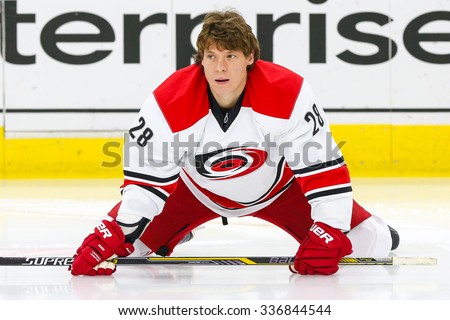 RALEIGH, NC - December 2, 2014: Carolina Hurricanes right wing Alexander Semin (28) during the NHL game between the Nashville Predators and the Carolina Hurricanes at the PNC Arena.
