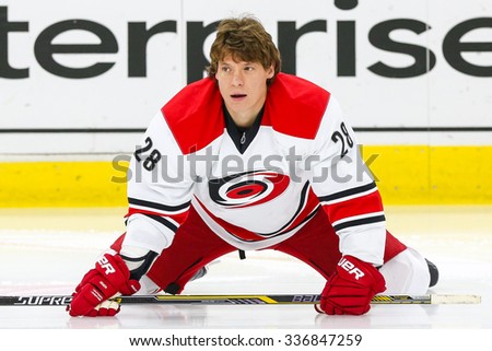 RALEIGH, NC - December 2, 2014: Carolina Hurricanes right wing Alexander Semin (28) during the NHL game between the Nashville Predators and the Carolina Hurricanes at the PNC Arena.