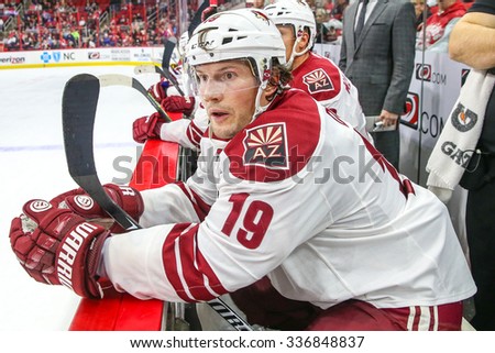 RALEIGH, NC - November 1, 2014: Arizona Coyotes right wing Shane Doan (19) during the NHL game between the Arizona Coyotes and the Carolina Hurricanes at the PNC Arena.