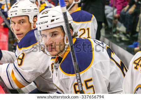 RALEIGH, NC - October 3, 2014: Buffalo Sabres right wing Brian Flynn (65) during the pre-season NHL game between the Buffalo Sabres and the Carolina Hurricanes at the PNC Arena.