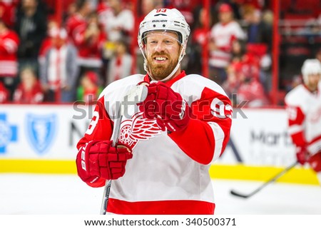 RALEIGH, NC April 11, 2015: Detroit Red Wings left wing Johan Franzen (93) during the NHL game between the Detroit Red Wings and the Carolina Hurricanes at the PNC Arena.
