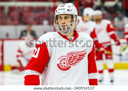 RALEIGH, NC October 10, 2015: Detroit Red Wings left wing Drew Miller (20) during the NHL game between the Detroit Red Wings and the Carolina Hurricanes at the PNC Arena.