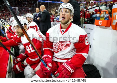 RALEIGH, NC   October 10, 2015: Detroit Red Wings left wing Justin Abdelkader (8) during the NHL game between the Detroit Red Wings and the Carolina Hurricanes at the PNC Arena.