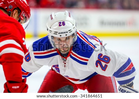 RALEIGH, NC - December 20, 2014: New York Rangers right wing Martin St. Louis (26) during the NHL game between the New York Rangers and the Carolina Hurricanes at the PNC Arena.