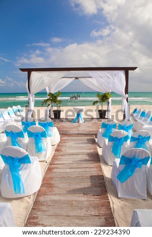 Beautiful Decorated Romantic Wedding  on Sandy Tropical Caribbean Beach.