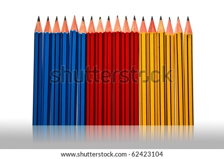 Pencils Blue Red and Yellow Isolated on White Background and reflected grey