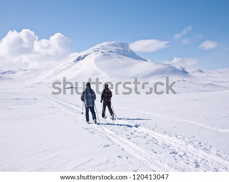 Children skiing towards a mountain pass with a characteristic mountain summit on the right in the norwegian mountains at easter