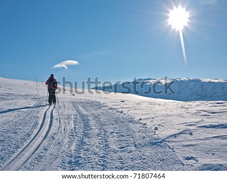 Woman skiing alone in a groomed ski track at easter towards a small single cloud and with the sun and a flat mountain in the background in the norwegian mountains
