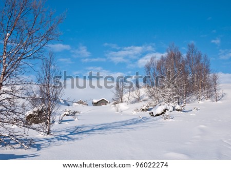 Norwegian mountain cottage in an untouched winter environment at a sunny day