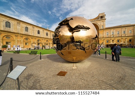 VATICAN - SEPTEMBER 30: The Sphere within a Sphere, a bronze sculpture by Italian sculptor Arnaldo Pomodoro in the courtyard of Vatican Museum on september 30, 2012 in Vatican.